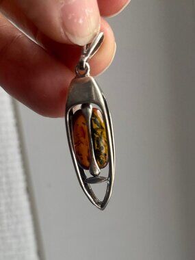 RARE VINTAGE .925 Sterling Reversible Amber SWIVEL PENDANT & EARRING SET